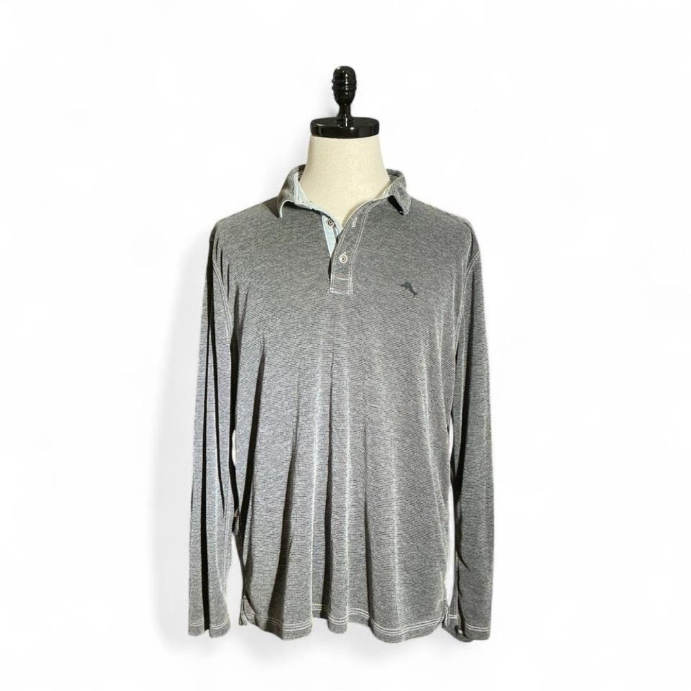 Tommy Bahama Mens Grey Striped Long Sleeve Sustainable Polo Shirt L Tencel Blend